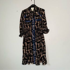 C ie Dress Womens Size 14 Vintage 80s 90s Black Tan Print Blue Trim Gold Buttons